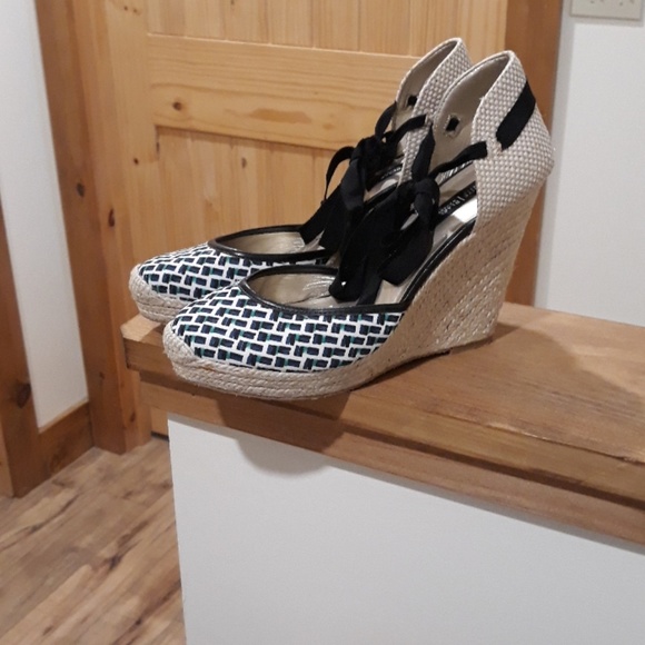 White House Black Market Shoes - Wedge Espadrille Lace-Up Sandals in Black and Cream